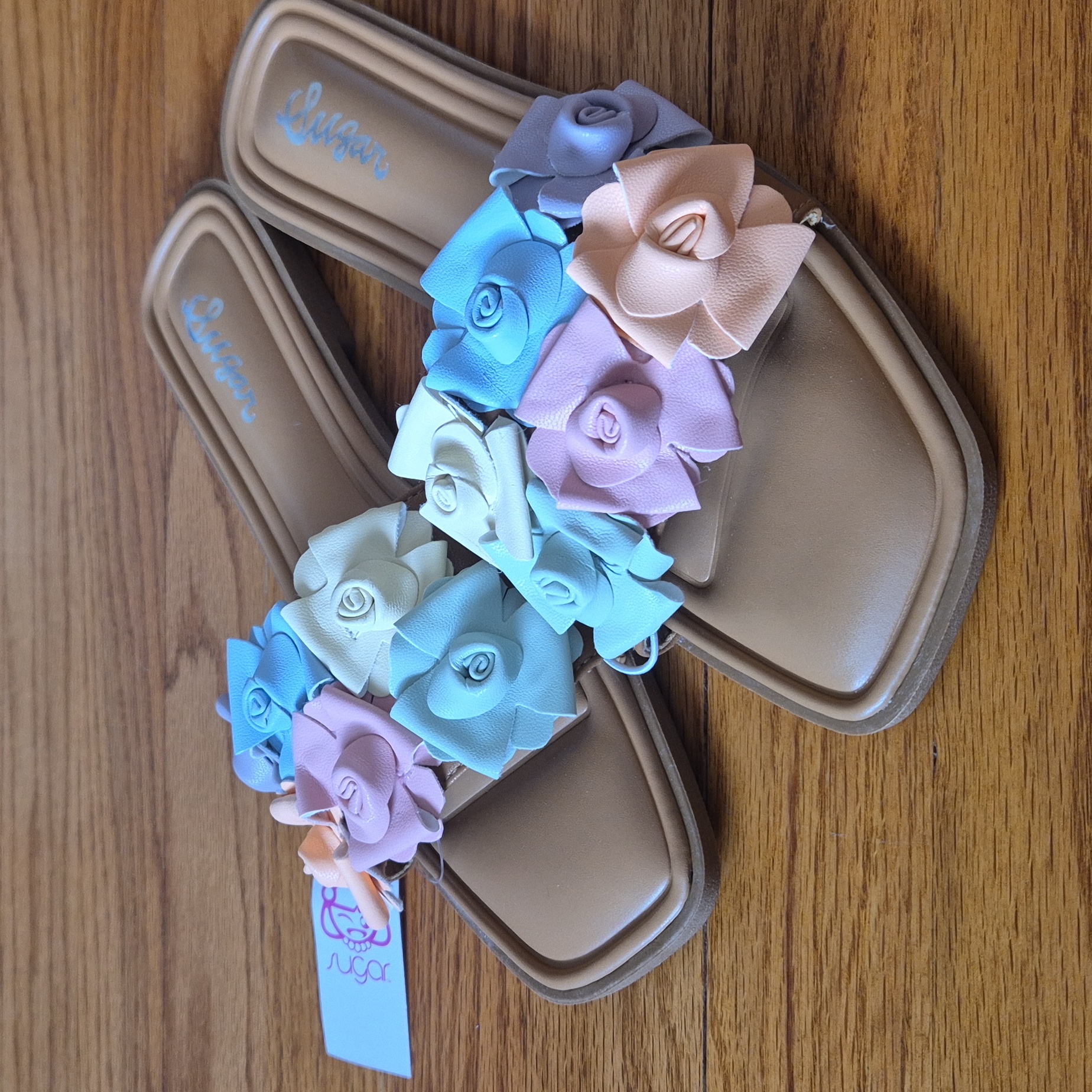 Sugar Floral Slide Sandals With Pastel Roses, Size 7,5w Nwob